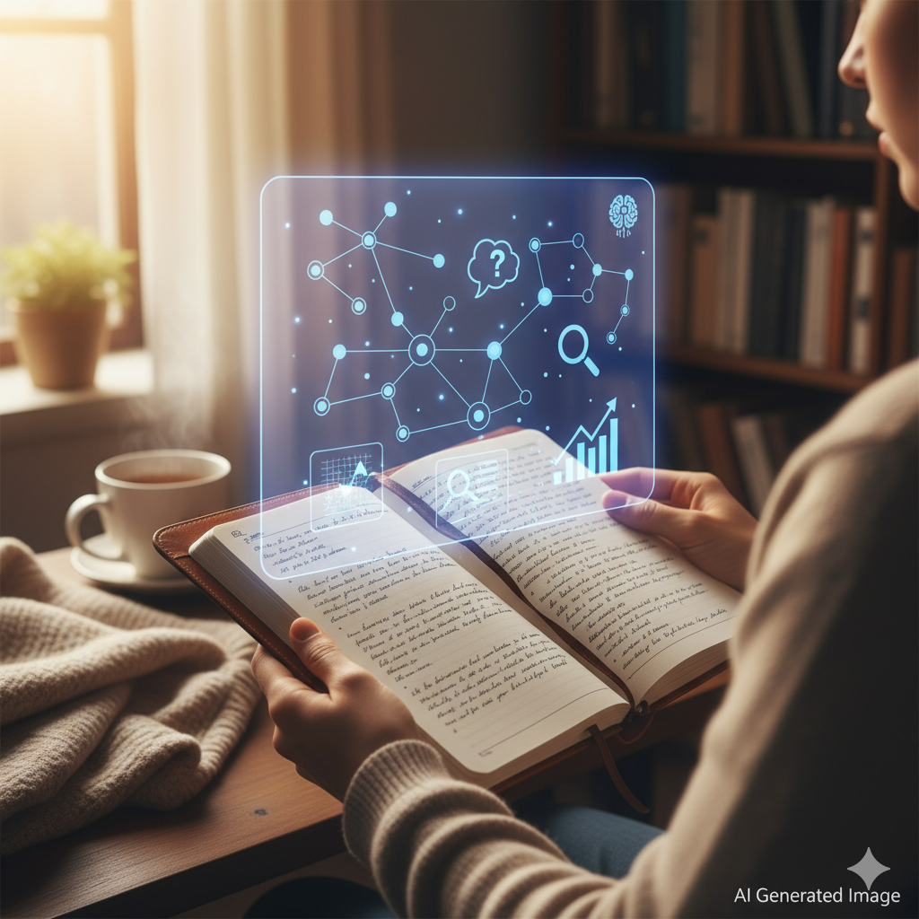 Using AI to Journal a photo of someone reading a book with a computer image, as if in thought